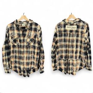 Jaded Gypsy S/M Gypsy Flannel Shirt Split Hem Distressed Black Plaid Grunge